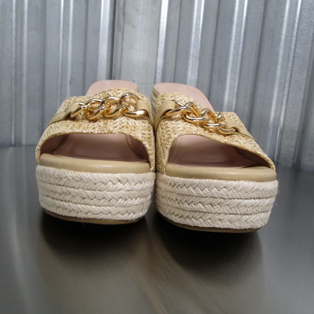 Coutgo Woven Straw Espadrille Wedge Sandals Gold Accent Tan Platform Slides 7.5